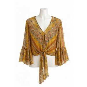 Turquoise Haven Boho Tie Front Blouse S/M Paisley Bell Sleeve Rayon Top